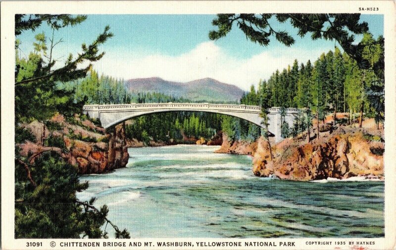 Chittenden Bridge Mt. Washburn Yellowstone National Park Vintage Linen Postcard 