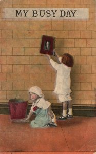 Kids Cleaning The House My Busy Day Souvenir Card Vintage Postcard 1914