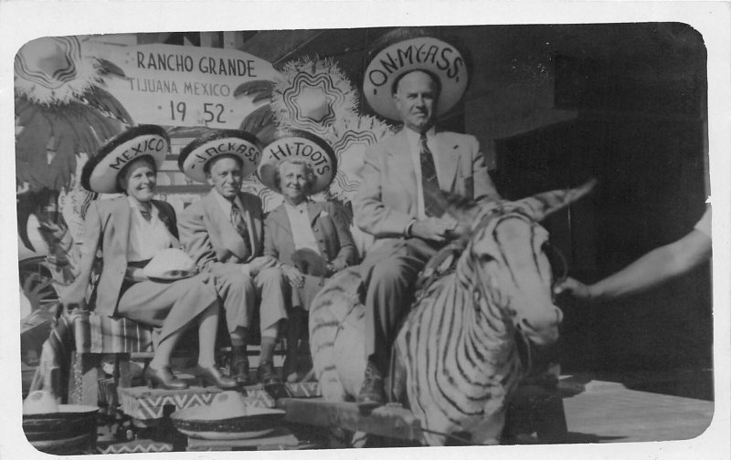 J4/ Interesting RPPC Postcard c1952 Tijuana Mexico Tourists Hat Zebra 92