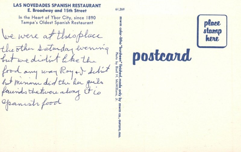 Vintage Postcard Tampa's Oldest Las Novedades Spanish Restaurant Ybor Florida FL