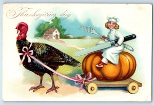 1907 Thanksgiving Turkey Pulling Cart Chef Sitting Pumpkin Fork Knife Postcard