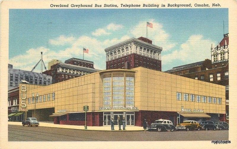 1950 Omaha Nebraska Overland Greyhound Bus Station autos Teich linen 4269