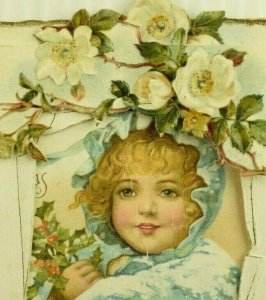 1890's Raphael Tuck Folding Christmas Card Lovely Child In Blue P193