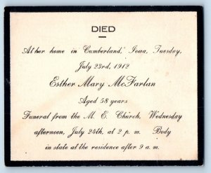 Cumberland Iowa IA Postcard Esther Mary Mc Farlan Funeral 1912 Vintage Antique