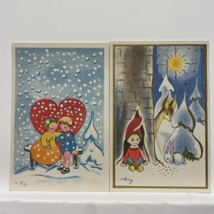 Lot of 2 Swedish Christmas Mini Postcards by May
