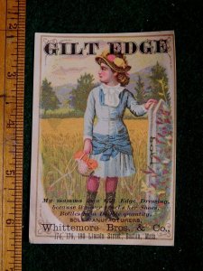 Victorian Trade Card Whittemore Bros & Co Gilt Edge Shoes Girl Field Boots F40