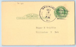 DPO Ordinary Kentucky KY Postcard Edgar M Griffin Williston North Dakota ND 1942