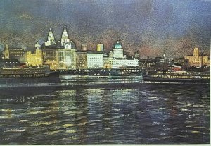 Liverpool Waterfront at Night Vintage Art Postcard by Frank Green