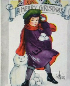 Christmas Postcard Girl Making Snowman Whitney Vintage Antique Original Unused