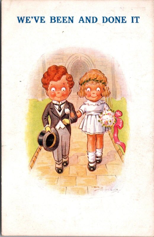 Kids as Bride and Groom, We've Been And Done It Signed Reg Maurice Postcard W49