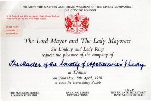 London Lord Mayor Lindsay Ring 1976 Private Dinner Card Invitation
