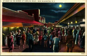 Night View on Midway Carolina Beach North Carolina NC Linen Postcard S22
