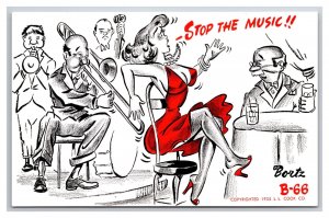 Comic Risqué Woman in Red  Trombone in the Bottom UNP Bortz Chrome Postcard L19