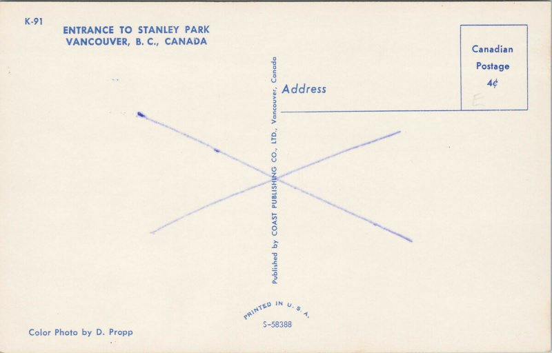 Entrance to Stanley Park Vancouver BC British Columbia Postcard G24