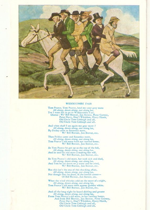 People on horse to Widecombe Fair. Poem Vintage english postcard
