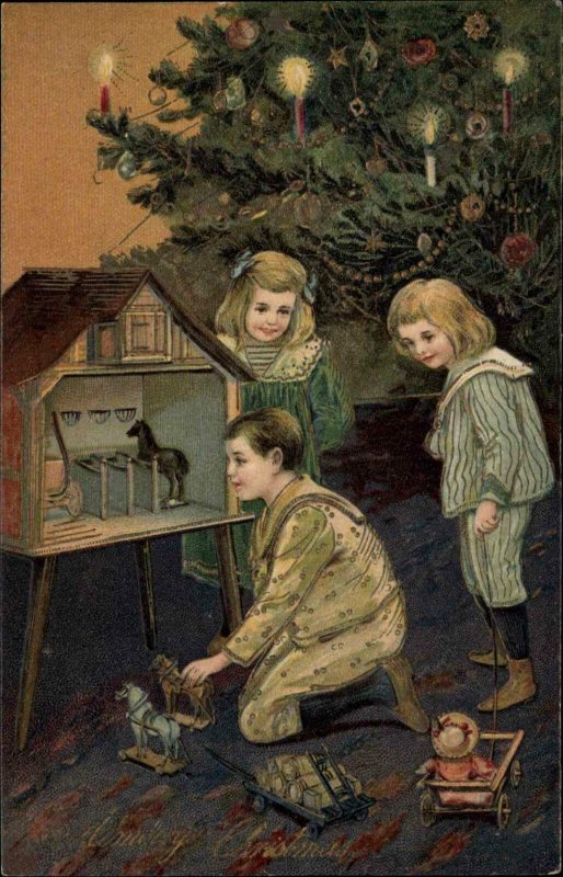 Christmas - Happy Children New Toys Doll House c1910 PFB Postcard