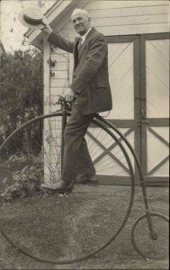 Man on Penny Farthing Bicycle NICE CLOSE-UP Rochester NY Real Photo Postcard