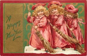 Tuck New Year Postcard 136 Children 3 Girls in Red w/ Brooms Sweep away Old Year