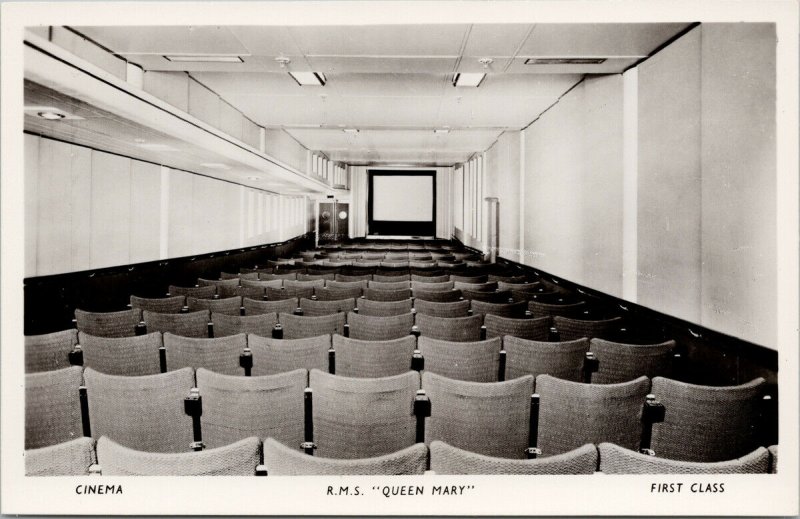 RMS Queen Mary Ship Cinema Movie Theatre UNUSED Real Photo Postcard G17
