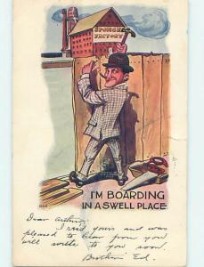 1907 comic BOARDING JOKE - NAILING BOARDS TO A FENCE o7901