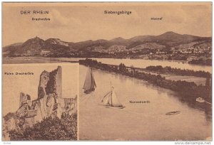 2-Views, Der Rhein, Sailboats, Ruine Drachenfels, Siebengebirge, Germany, 190...