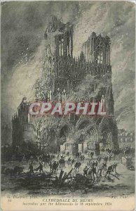 Old Postcard Cathedral of Reims on fire by the Germans