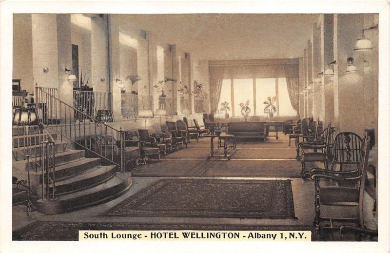 Albany New York~Hotel Wellington South Lounge~Chairs-Couches-Potted Plants~1950s