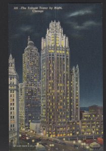 Illinois CHICAGO Tribune Tower Building by Night near Michigan Boulevard ~ Linen