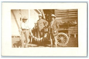 c1910's Men Cached Fishes Car Scene RPPC Photo Unposted Antique Postcard