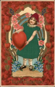 Valentine - Little Girl w/ Big Heart Real Silk Dress & Hat c1910 Postcard #2