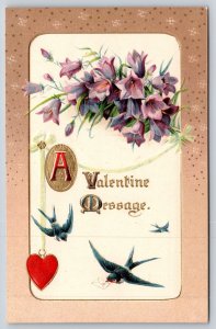 Valentine~Purple Trumpet Flowers~Heart~Swallows~Gold~c1910 Vintage Postcard