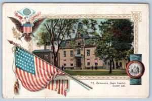 1910-20's DELAWARE STATE CAPITOL DOVER DE AMERICAN FLAG PATRIOTIC POSTCARD