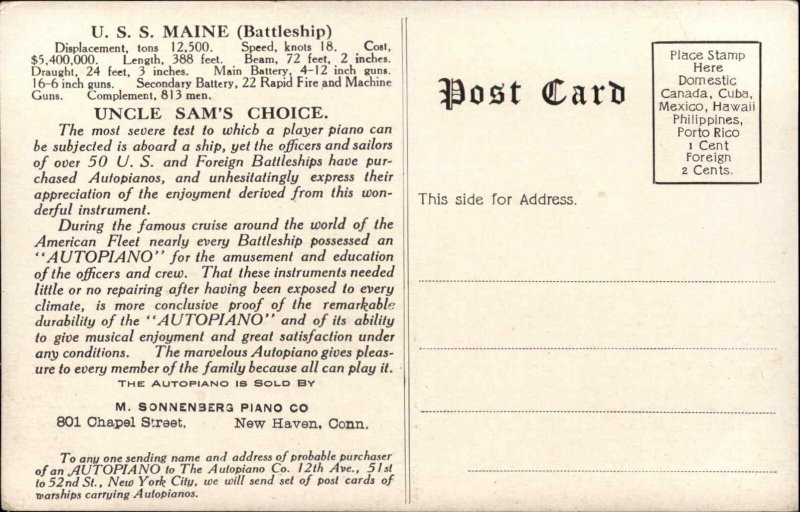 Battleship USS Maine Autopiano Ad Advertising c1910 Vintage Postcard