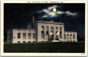 VINTAGE POSTCARD THE GAINESVILLE GEORGIA CITY HALL AT NIGHT c. 1930s