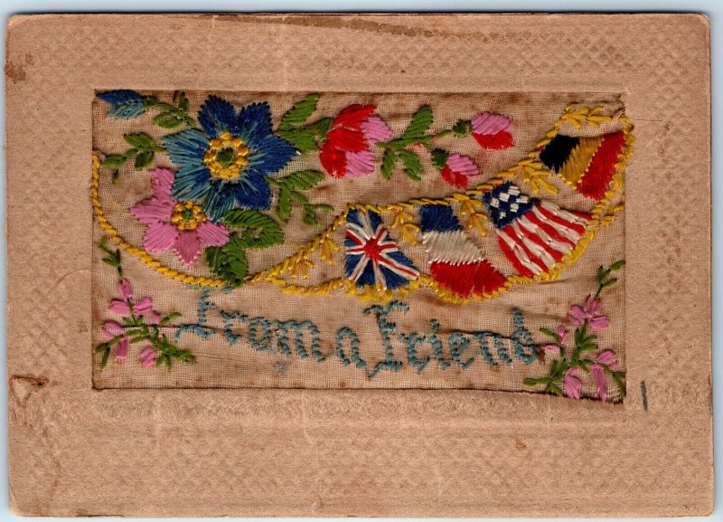 c1910s Silk Embroidery From a Friend Postcard England France Germany Flags A76