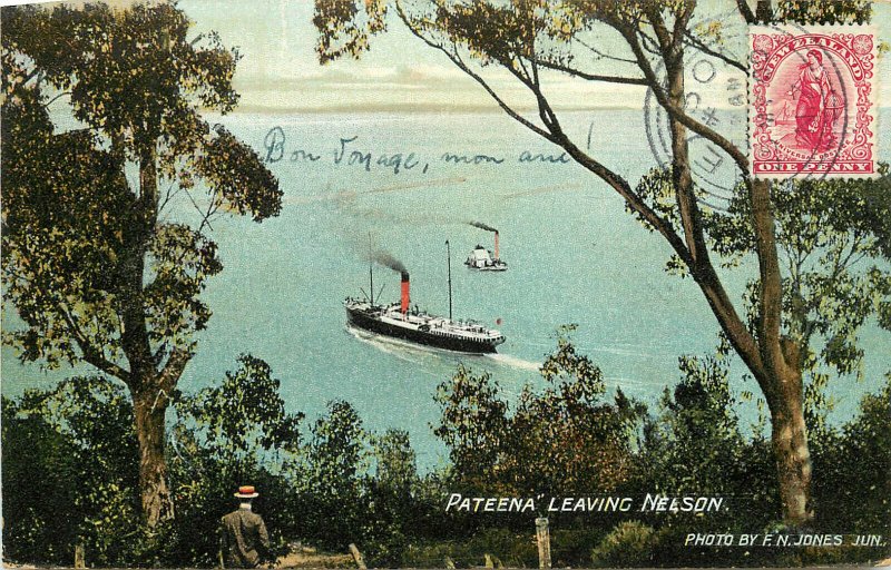 Vintage Postcard Pateena Passenger Ship Leaving Nelson New Zealand South Island