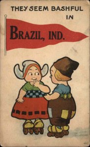 Brazil Indiana IN Dutch Kids Roller Skating Pennant Flag c1920 Postcard