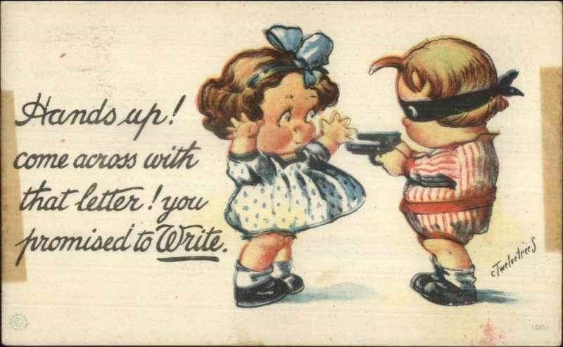 Charles Twelvetrees Little Boy Bandit Robs Girl w/ Guns c1915 Postcard