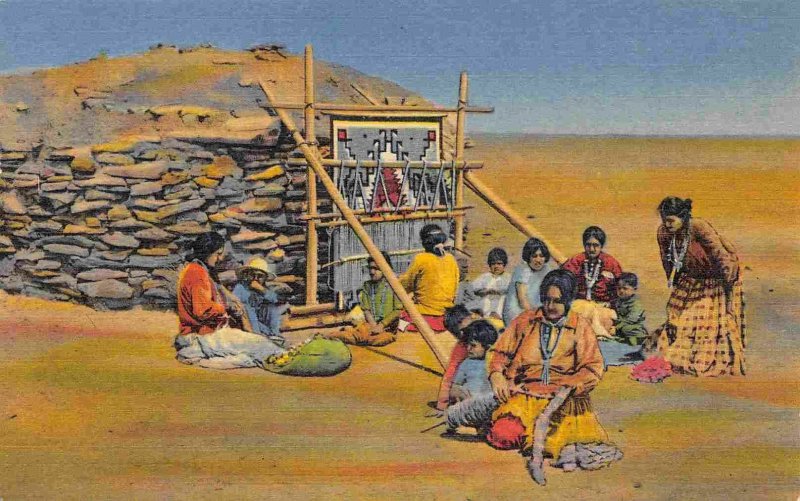 Navajo Rug Weaving Hogan Native American Indian New Mexico linen postcard
