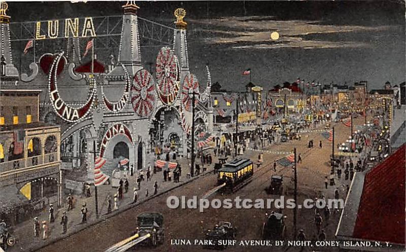 Luna Park, Surf Avenue by Night Coney Island, NY, USA Amusement Park Writing ...