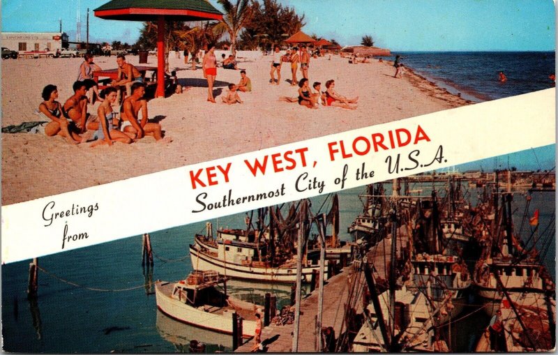 Greetings Banner Key West Florida Multi View Beach Chrome Cancel WOB Postcard 