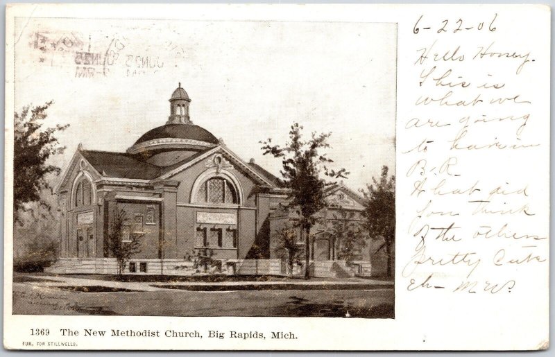 1910 The New Methodist Church Big Rapids Michigan MI Parish Posted Postcard