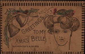 Christmas Pretty Woman and Bells Real Leather Novelty c1910 Postcard