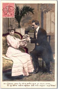 VINTAGE POSTCARD ROMANTIC APPROACH COUPLE EDWARDIAN FURNITURE EUROPE RPPC 1906