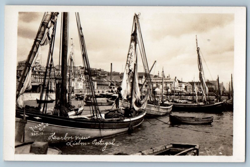 Lisbon Portugal Postcard Ship Boat Harbor View Neilen 1933 RPPC Photo