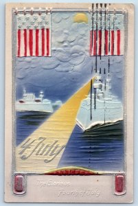 1908 Fourth Of July Ship Scene The Glorious Flags Airbrushed Embossed Postcard