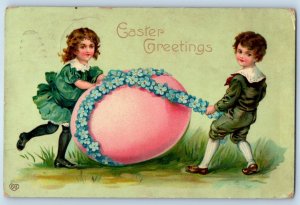 1910 Easter Greetings Children With Big Egg Flowers Peoria IL Antique Postcard