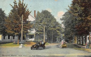 Newport ME Shaw House and High Street Old Cars Horse Trough Postcard