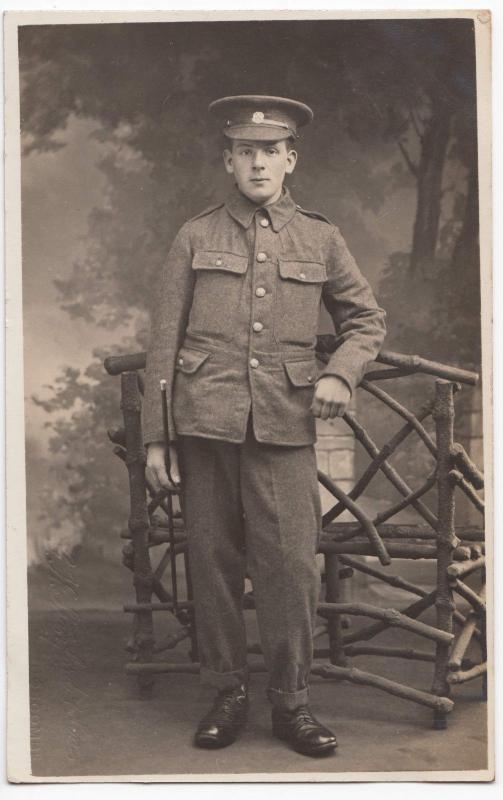 WW1 Studio Portrait of Young Soldier, With Swagger Stick Against Bench RP PPC 