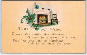 ARTS and CRAFTS  Holly & Fireplace  HAPPY NEW YEAR  Gold Border c1910s Postcard